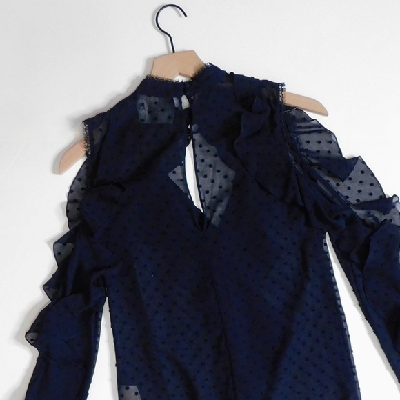 NICHOLAS Navy Blue Swiss Dot Cutout Cold Shoulder Top Blouse Ruffle Size 0 - Picture 9 of 15